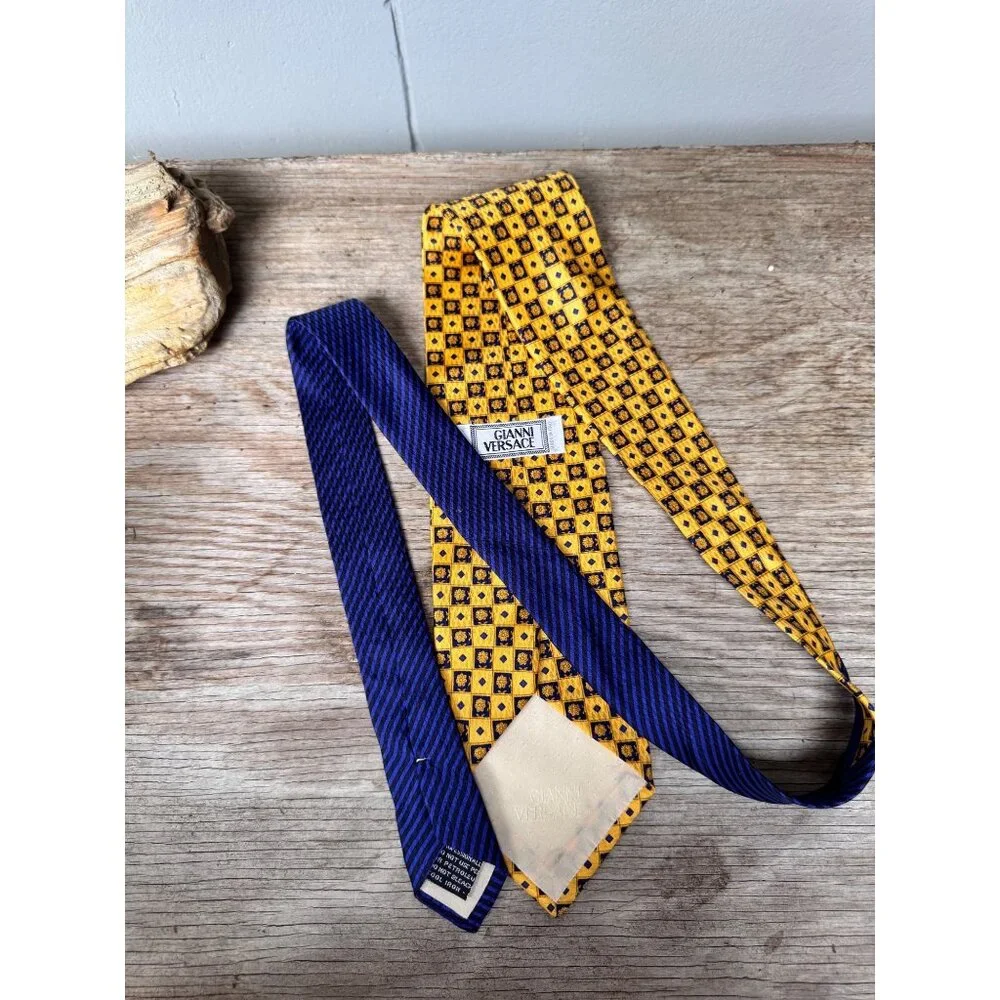 Gianni Versace Tie Silk Geometric Floral Gold Blue Made Italy Vintage Mens - Picture 9 of 10
